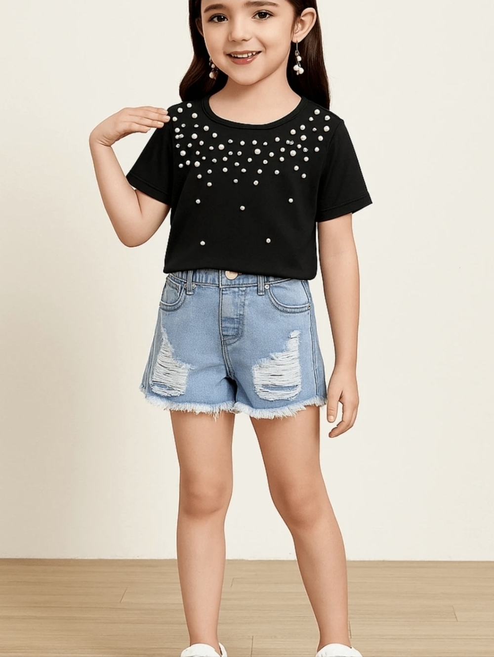 Kids Distressed Denim Shorts - Black, Light Blue, White - Picture 13 of 13